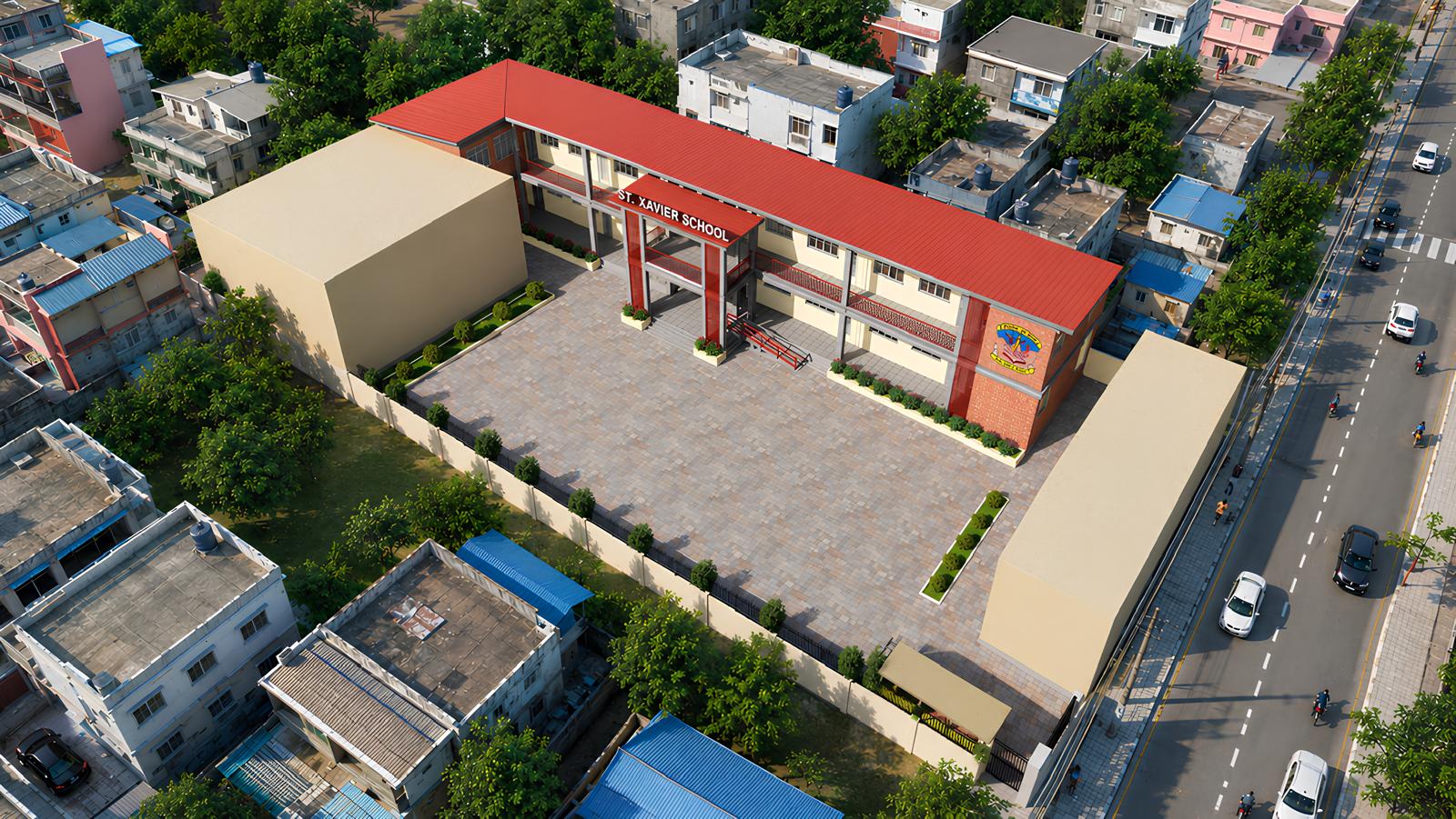 St. Xavier's Secondary School building with the school bus